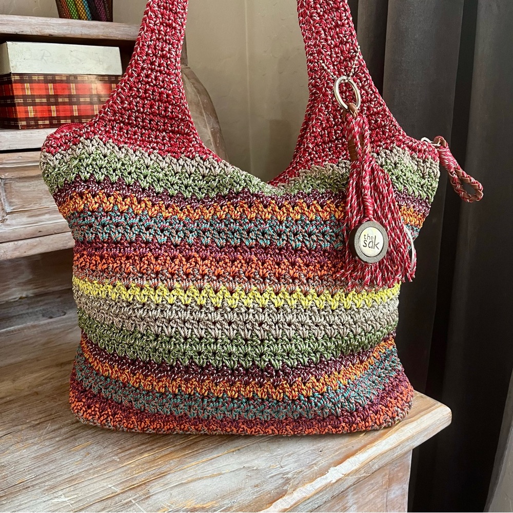 🌈 The Sak Crochet Vintage Colorful Shoulder Bag Knit Fringe Large Boho Hippie